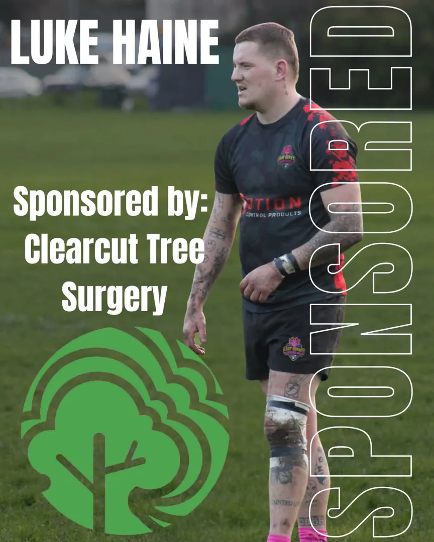 East Dorset Dockers RFC captain Luke Haine on the pitch, in the club graphic announcing Clearcut Tree Surgery as his sponsor